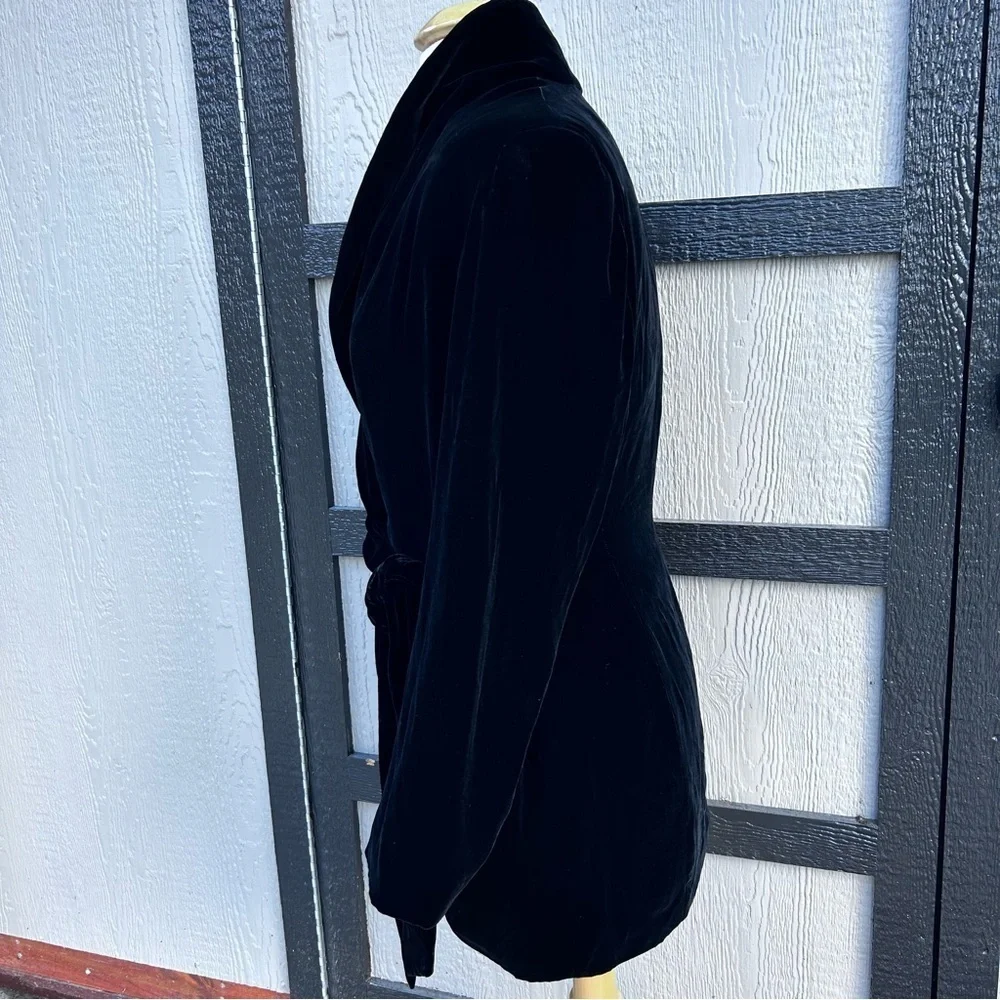 Donna Karan New York Essentials Silk Blend Black Velvet Belted Tie Wrap Coat